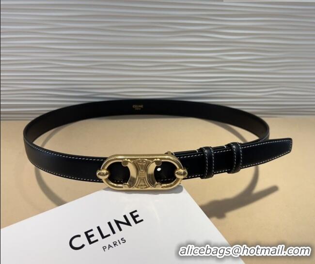 Inexpensive Celine Calfskin Belt 2.5cm with Metal-Tone Triomphe Buckle 0317 Black/Gold 2025