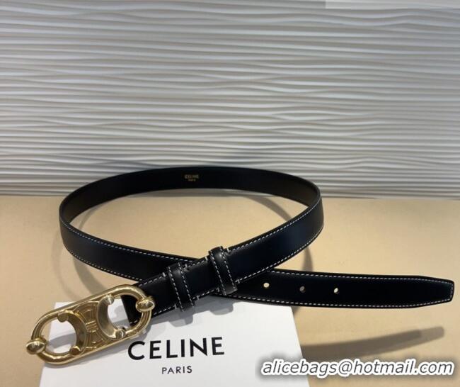 Inexpensive Celine Calfskin Belt 2.5cm with Metal-Tone Triomphe Buckle 0317 Black/Gold 2025
