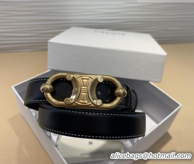 Inexpensive Celine Calfskin Belt 2.5cm with Metal-Tone Triomphe Buckle 0317 Black/Gold 2025