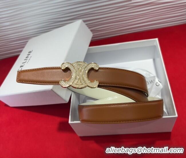 Best Price Celine Triomphe Calf Leather Belt 2.5cm with Strass Buckle CL2013025 Tan Brown 2025