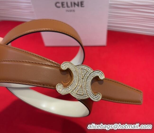 Best Price Celine Triomphe Calf Leather Belt 2.5cm with Strass Buckle CL2013025 Tan Brown 2025