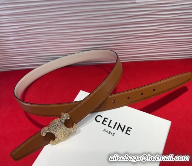 Best Price Celine Triomphe Calf Leather Belt 2.5cm with Strass Buckle CL2013025 Tan Brown 2025