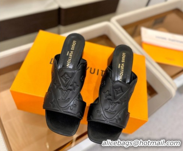 Unique Style Louis Vuitton Calfskin Leather Heel Slides Sandal 5.5cm Black 2026 LV030301
