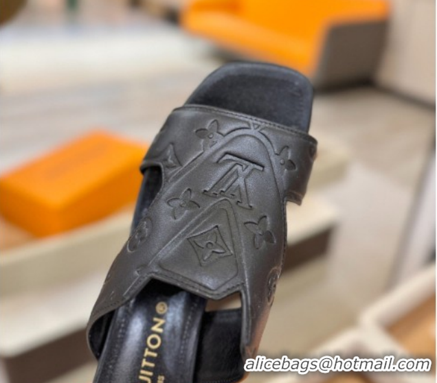 Unique Style Louis Vuitton Calfskin Leather Heel Slides Sandal 5.5cm Black 2026 LV030301