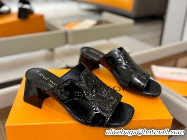 Popular Style Louis Vuitton Patent Leather Heel Slides Sandal 5.5cm Black 2026 LV030301
