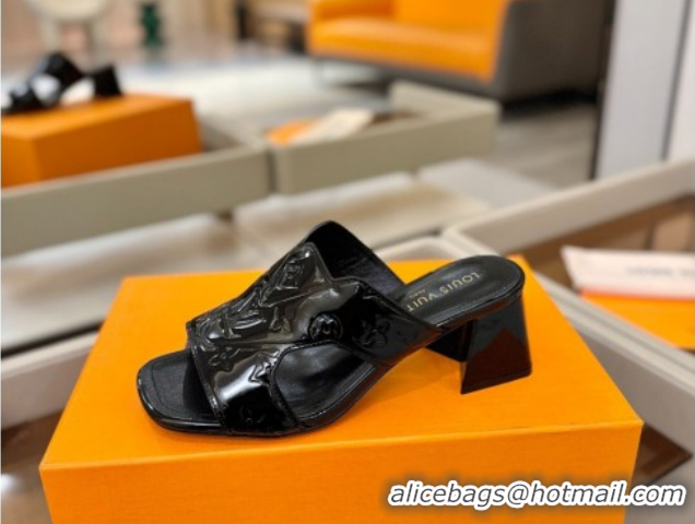 Popular Style Louis Vuitton Patent Leather Heel Slides Sandal 5.5cm Black 2026 LV030301