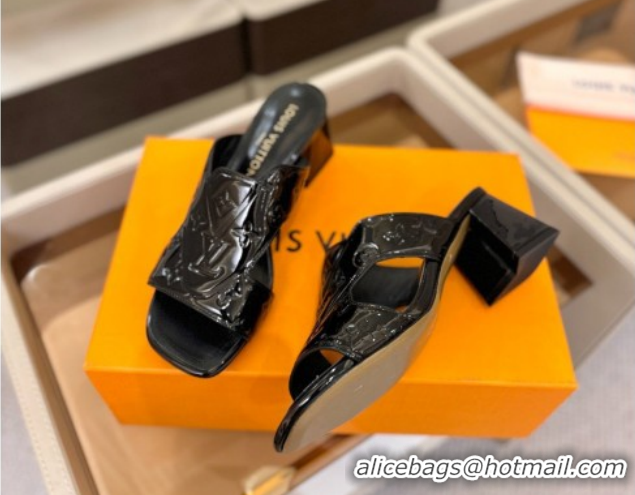 Popular Style Louis Vuitton Patent Leather Heel Slides Sandal 5.5cm Black 2026 LV030301
