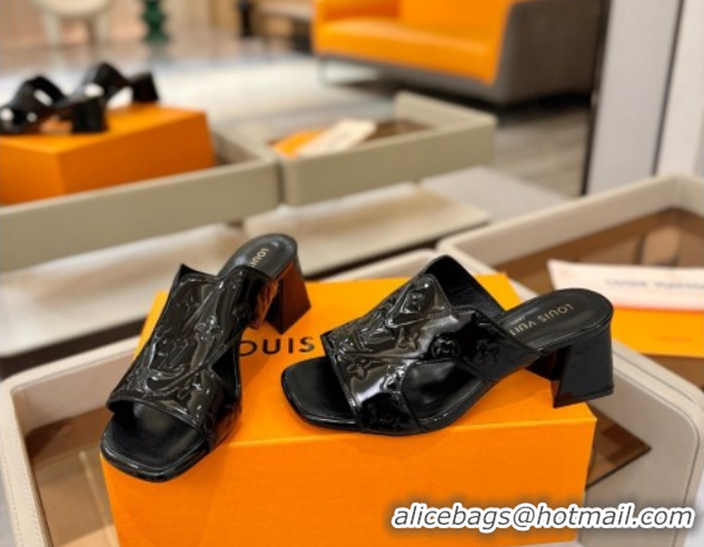 Popular Style Louis Vuitton Patent Leather Heel Slides Sandal 5.5cm Black 2026 LV030301