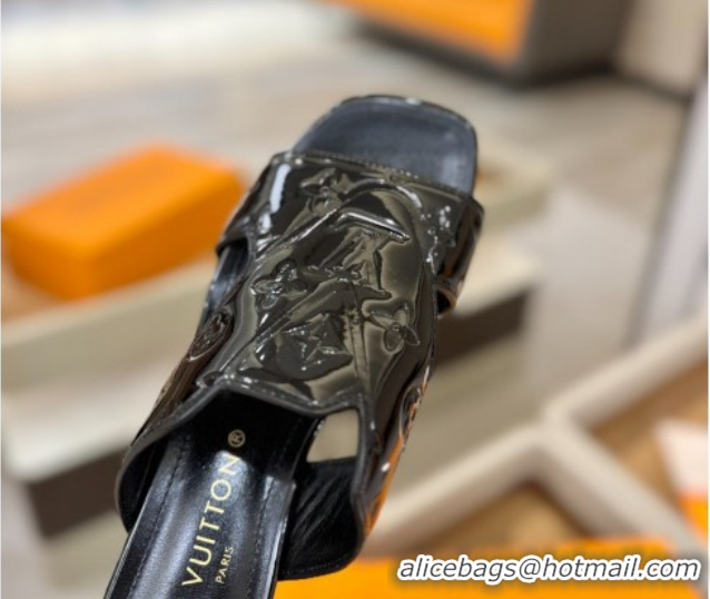 Popular Style Louis Vuitton Patent Leather Heel Slides Sandal 5.5cm Black 2026 LV030301