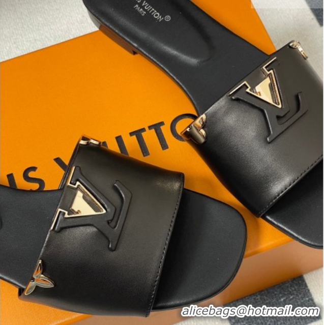 Shop Duplicate Louis Vuitton LV Mare Flat Slides Sandal Black 2026 1AITQM