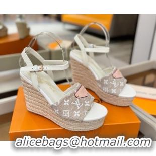 Luxurious Louis Vuitton Helios Wedge Sandals 11cm in Monogram Jacquard Grey 2026 1AHLOA