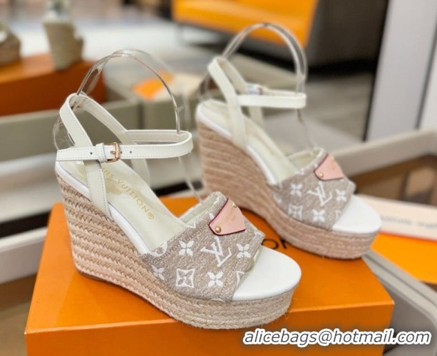 Luxurious Louis Vuitton Helios Wedge Sandals 11cm in Monogram Jacquard Grey 2026 1AHLOA