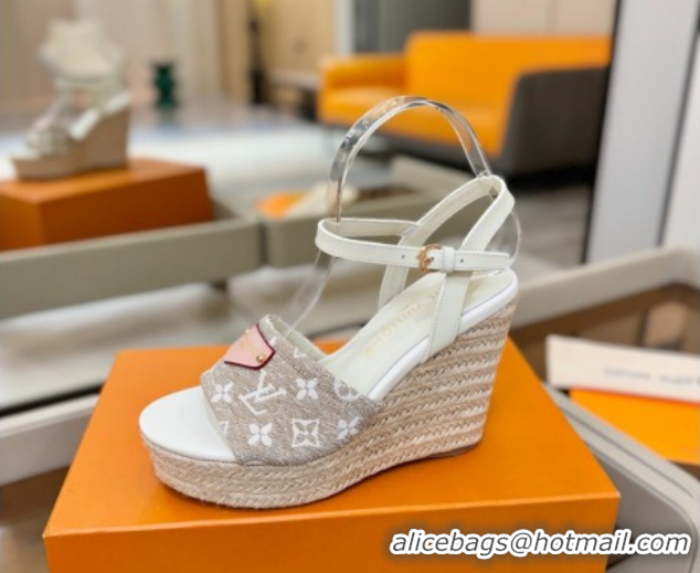 Luxurious Louis Vuitton Helios Wedge Sandals 11cm in Monogram Jacquard Grey 2026 1AHLOA