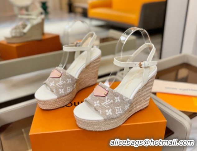 Luxurious Louis Vuitton Helios Wedge Sandals 11cm in Monogram Jacquard Grey 2026 1AHLOA