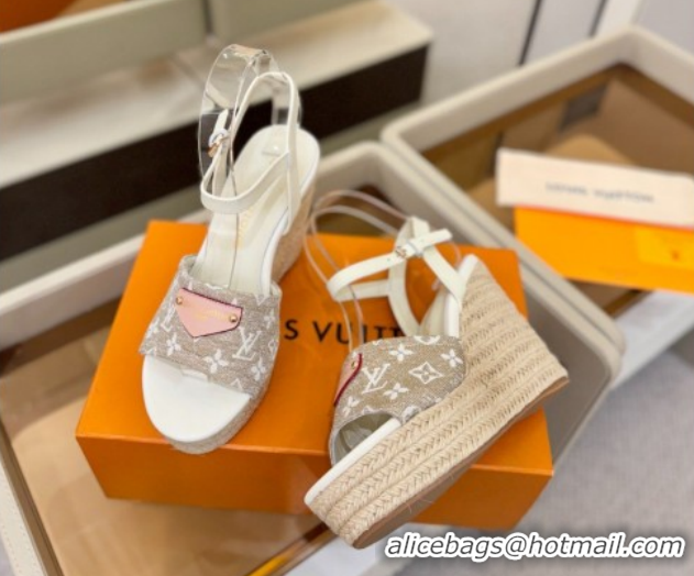 Luxurious Louis Vuitton Helios Wedge Sandals 11cm in Monogram Jacquard Grey 2026 1AHLOA