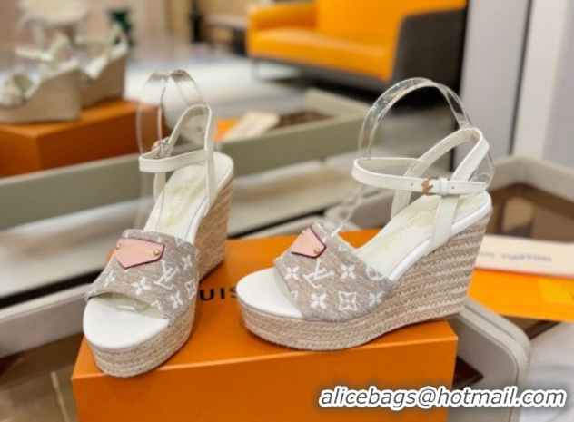 Luxurious Louis Vuitton Helios Wedge Sandals 11cm in Monogram Jacquard Grey 2026 1AHLOA