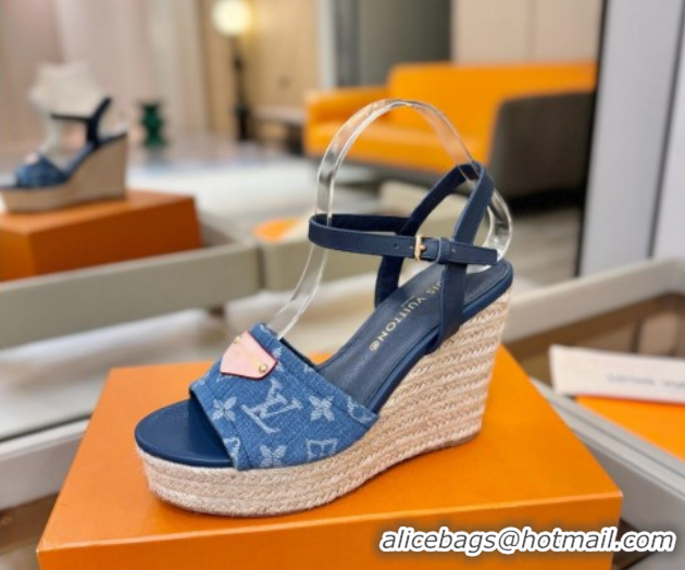 Big Discount Louis Vuitton Helios Wedge Sandals 11cm in Monogram Denim Blue 2026 1AHLOA