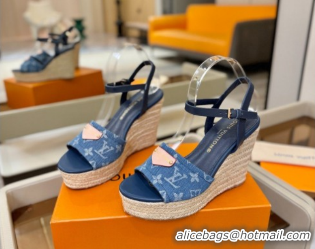 Big Discount Louis Vuitton Helios Wedge Sandals 11cm in Monogram Denim Blue 2026 1AHLOA