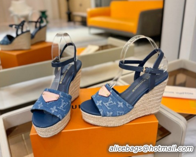 Big Discount Louis Vuitton Helios Wedge Sandals 11cm in Monogram Denim Blue 2026 1AHLOA