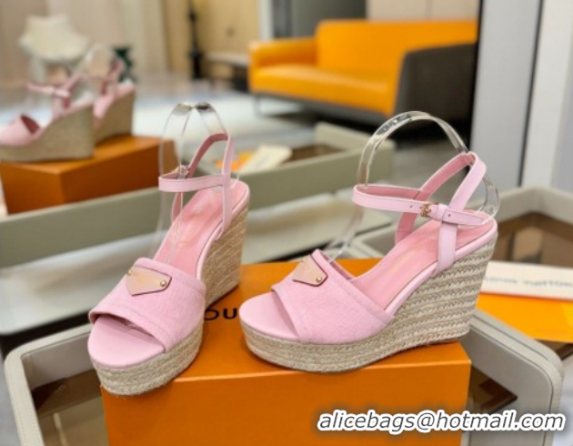 Grade Quality Louis Vuitton Helios Wedge Sandals 11cm in Monogram Denim Pink 2026 1AHLOA
