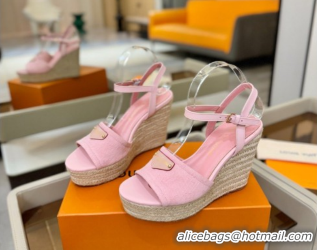Grade Quality Louis Vuitton Helios Wedge Sandals 11cm in Monogram Denim Pink 2026 1AHLOA