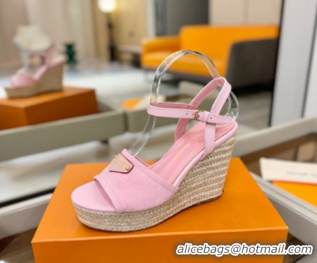 Grade Quality Louis Vuitton Helios Wedge Sandals 11cm in Monogram Denim Pink 2026 1AHLOA