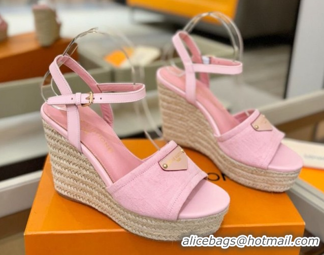 Grade Quality Louis Vuitton Helios Wedge Sandals 11cm in Monogram Denim Pink 2026 1AHLOA