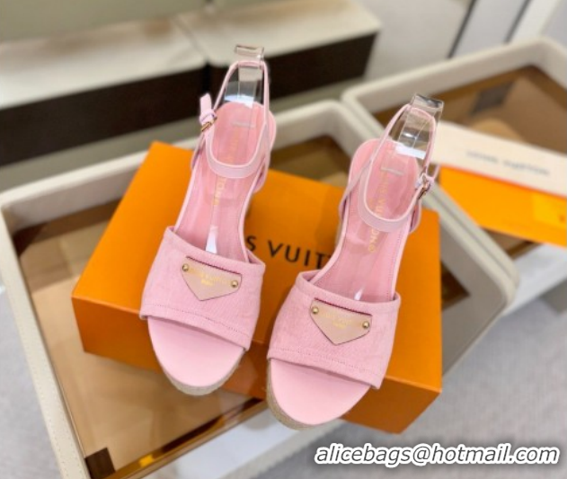 Grade Quality Louis Vuitton Helios Wedge Sandals 11cm in Monogram Denim Pink 2026 1AHLOA