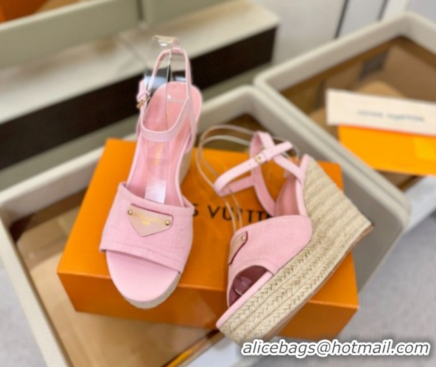 Grade Quality Louis Vuitton Helios Wedge Sandals 11cm in Monogram Denim Pink 2026 1AHLOA