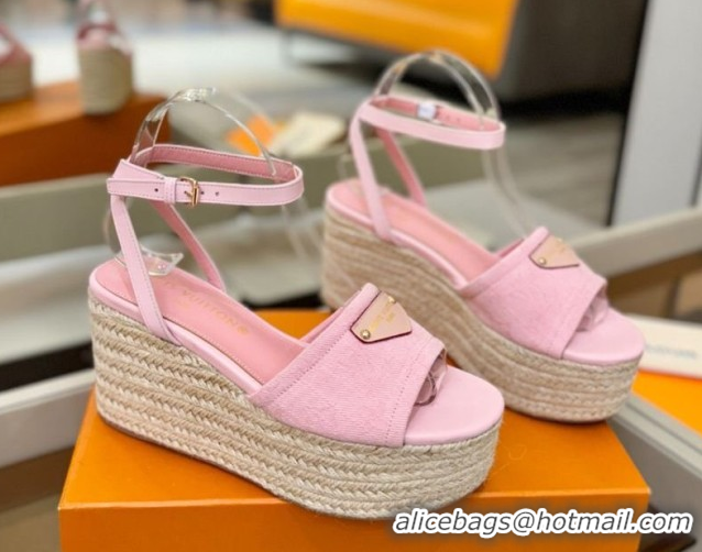 Duplicate Louis Vuitton Helios Platform Sandals 9cm in Monogram Denim Pink 2026 1AHLOA