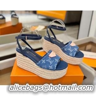Pretty Style Louis Vuitton Helios Platform Sandals 9cm in Monogram Denim Blue 2026 1AHLOA