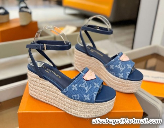 Pretty Style Louis Vuitton Helios Platform Sandals 9cm in Monogram Denim Blue 2026 1AHLOA