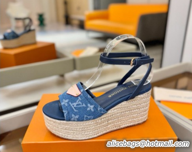 Pretty Style Louis Vuitton Helios Platform Sandals 9cm in Monogram Denim Blue 2026 1AHLOA