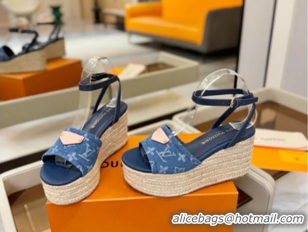Pretty Style Louis Vuitton Helios Platform Sandals 9cm in Monogram Denim Blue 2026 1AHLOA