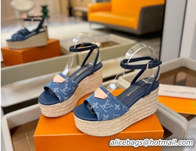 Pretty Style Louis Vuitton Helios Platform Sandals 9cm in Monogram Denim Blue 2026 1AHLOA
