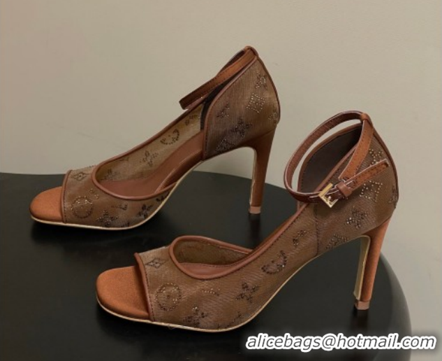 Classic Hot Louis Vuitton Gala Heel Sandals 8.5cm in Translucent Mesh and Strass Brown 2026 1AJPS1
