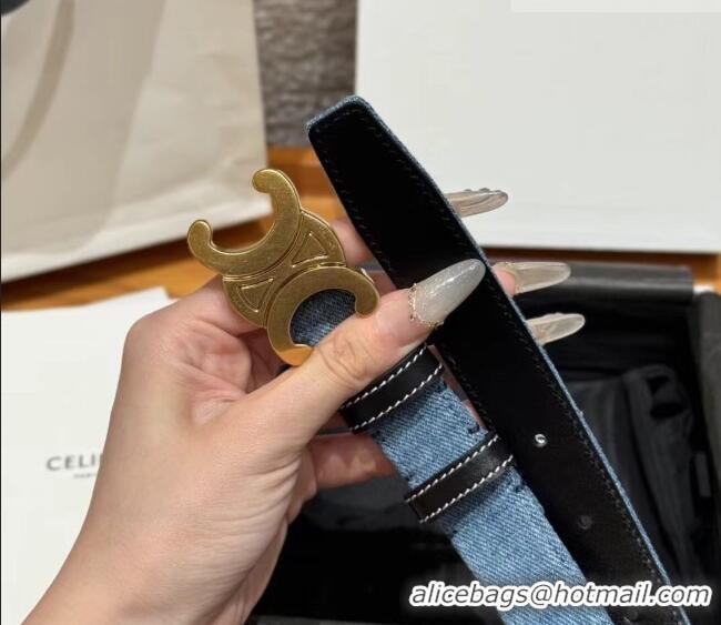 Promotional Celine Denim and Leather Belt 2.5cm with Triomphe Buckle CE0911099 Blue/Black/Gold 2025