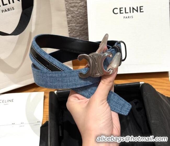 New Design Celine Denim and Leather Belt 2.5cm with Triomphe Buckle CE0911099 Blue/Black/Silver 2025