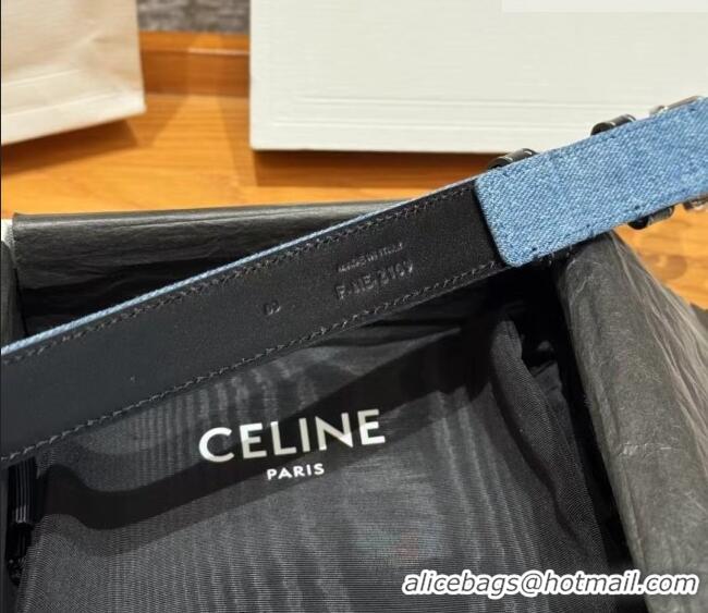 New Design Celine Denim and Leather Belt 2.5cm with Triomphe Buckle CE0911099 Blue/Black/Silver 2025