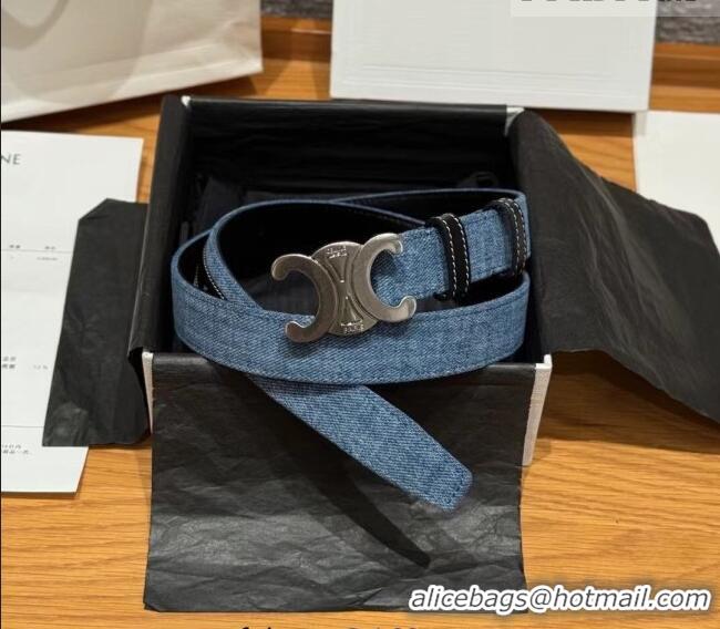New Design Celine Denim and Leather Belt 2.5cm with Triomphe Buckle CE0911099 Blue/Black/Silver 2025