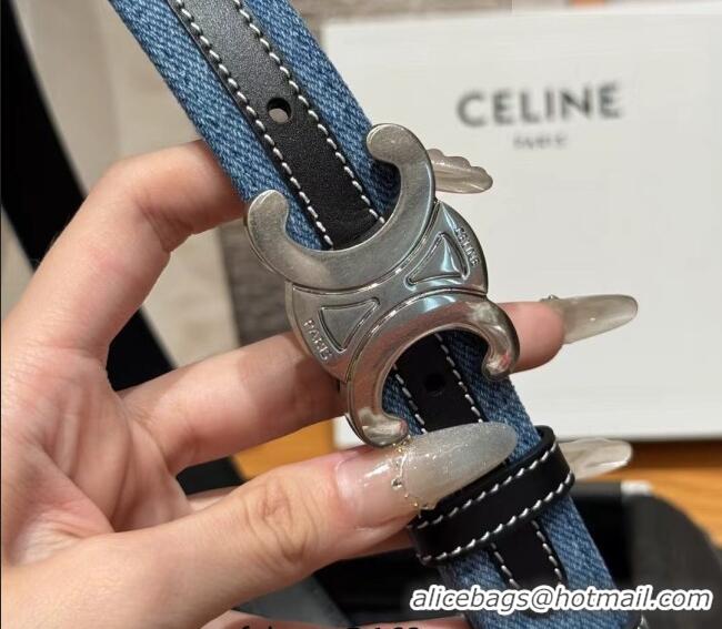 New Design Celine Denim and Leather Belt 2.5cm with Triomphe Buckle CE0911099 Blue/Black/Silver 2025