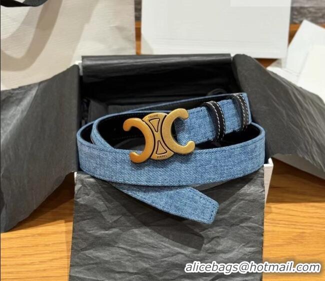 Unique Grade Celine Denim and Leather Belt 2.5cm with Triomphe Buckle CE0911099 Blue/Black/Shiny Gold 2025