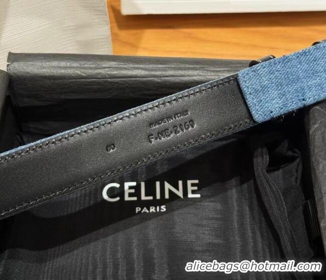 Unique Grade Celine Denim and Leather Belt 2.5cm with Triomphe Buckle CE0911099 Blue/Black/Shiny Gold 2025