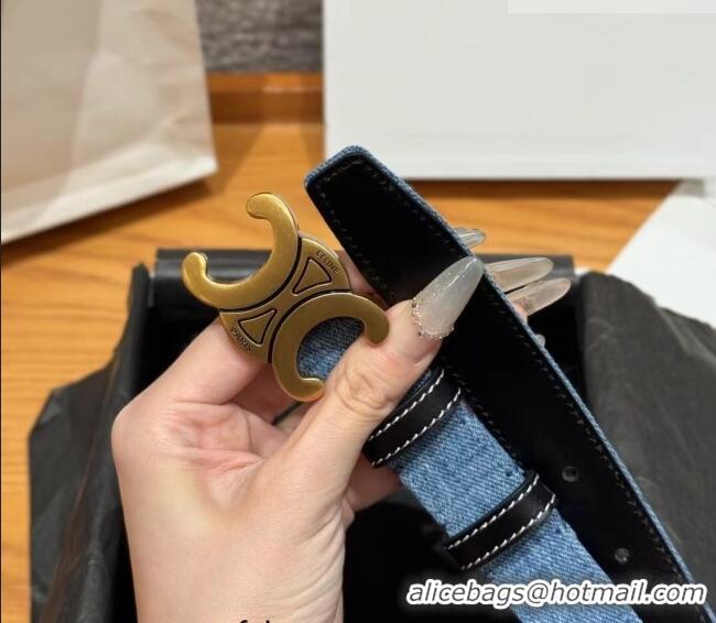 Unique Grade Celine Denim and Leather Belt 2.5cm with Triomphe Buckle CE0911099 Blue/Black/Shiny Gold 2025