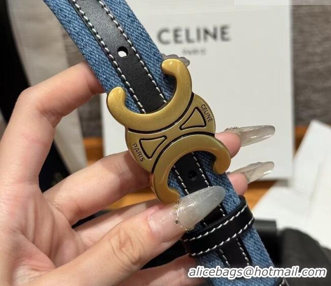 Unique Grade Celine Denim and Leather Belt 2.5cm with Triomphe Buckle CE0911099 Blue/Black/Shiny Gold 2025