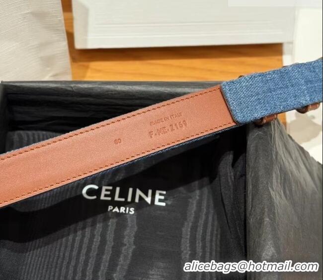 Top Quality Celine Denim and Leather Belt 2.5cm with Triomphe Buckle CE0911099 Blue/Brown/Gold 2025