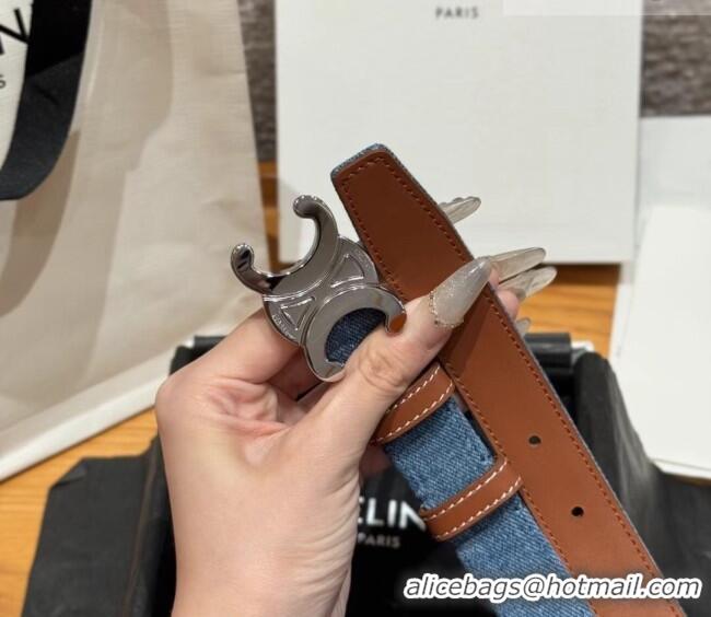Best Price Celine Denim and Leather Belt 2.5cm with Triomphe Buckle CE0911099 Blue/Brown/Silver 2025
