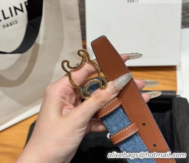 Super Quality Celine Denim and Leather Belt 2.5cm with Cutout Triomphe Buckle CE091101 Blue/Brown/Gold 2025
