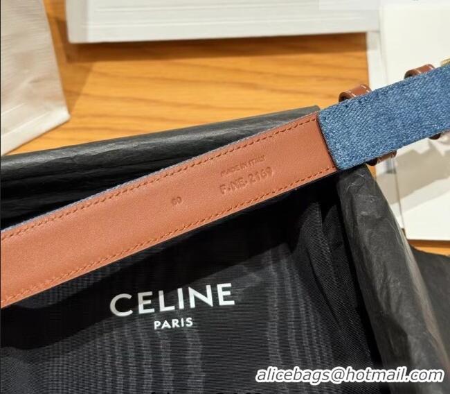 Super Quality Celine Denim and Leather Belt 2.5cm with Cutout Triomphe Buckle CE091101 Blue/Brown/Gold 2025
