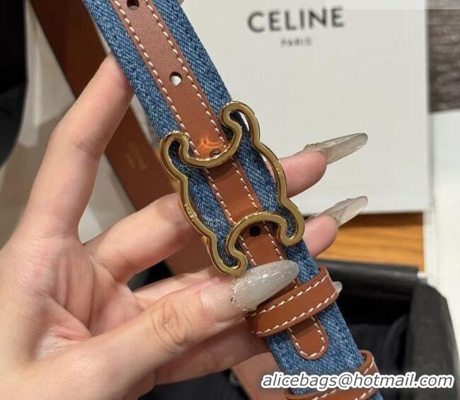 Super Quality Celine Denim and Leather Belt 2.5cm with Cutout Triomphe Buckle CE091101 Blue/Brown/Gold 2025